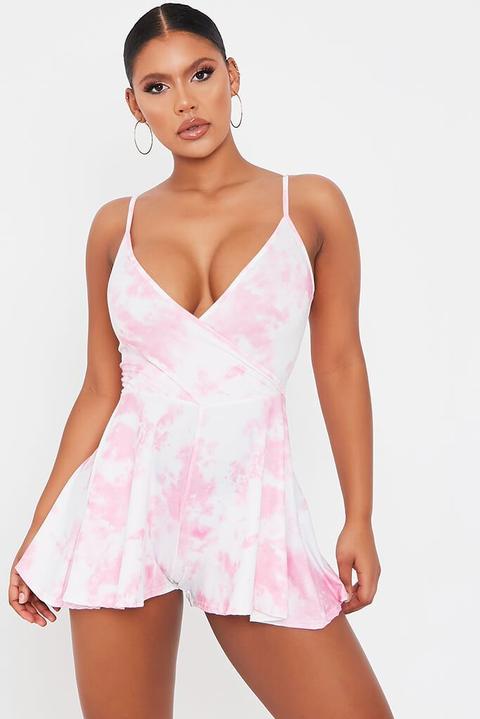 Pink Tie Dye Strappy Wrap Playsuit