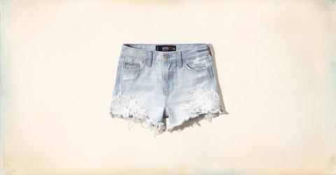 Mini Shorts Denim De Tiro Alto De Encaje