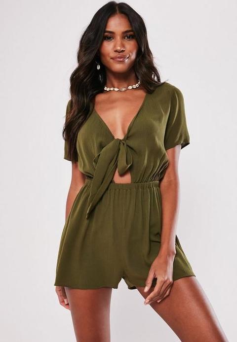 Khaki Kimono Sleeve Tie Front Playsuit, Kahki