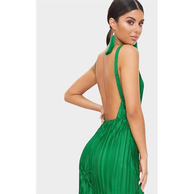 green plisse plunge strappy jumpsuit