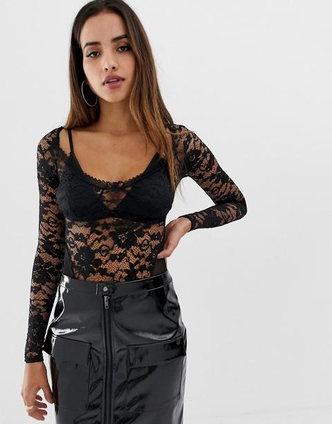 Prettylittlething - Body A Maniche Lunghe In Pizzo Nero Con Pannelli In Rete - Nero