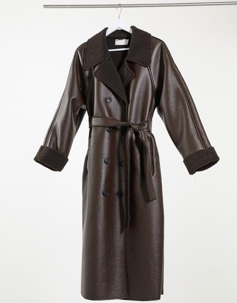 Asos Design - Trench-coat En Imitation Peau De Mouton Sans Coutures - Marron Foncé-orange