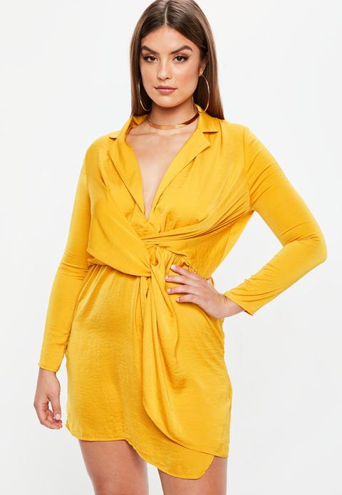 Curve Mustard Yellow Satin Twist Dress