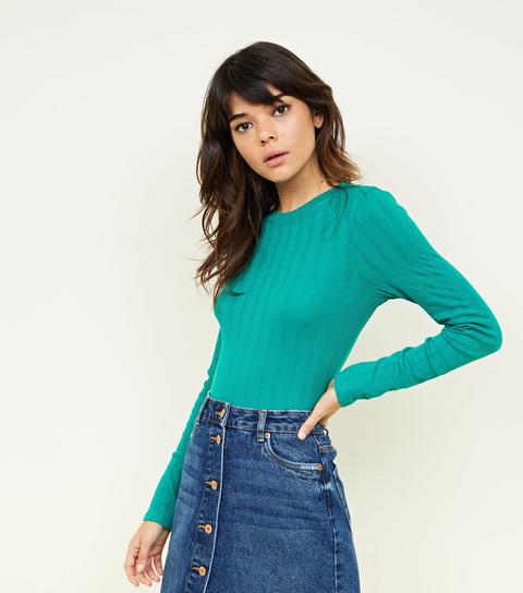 Green Ribbed Long Sleeve T-shirt New Look