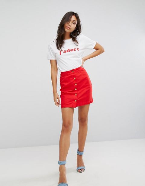 Prettylittlething - Gonna Di Jeans Con Bottoni - Rosso