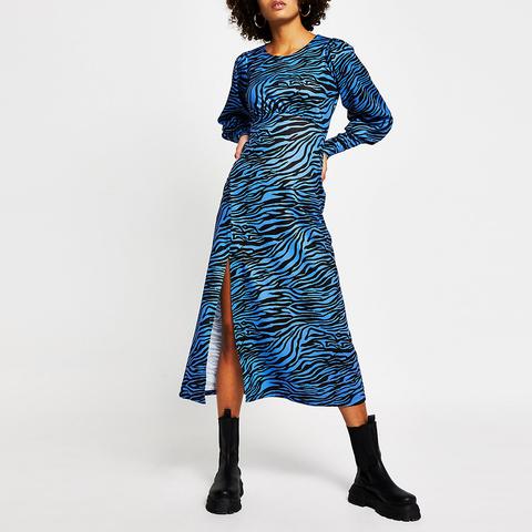 Blue Zebra Print Front Split Midi Dress