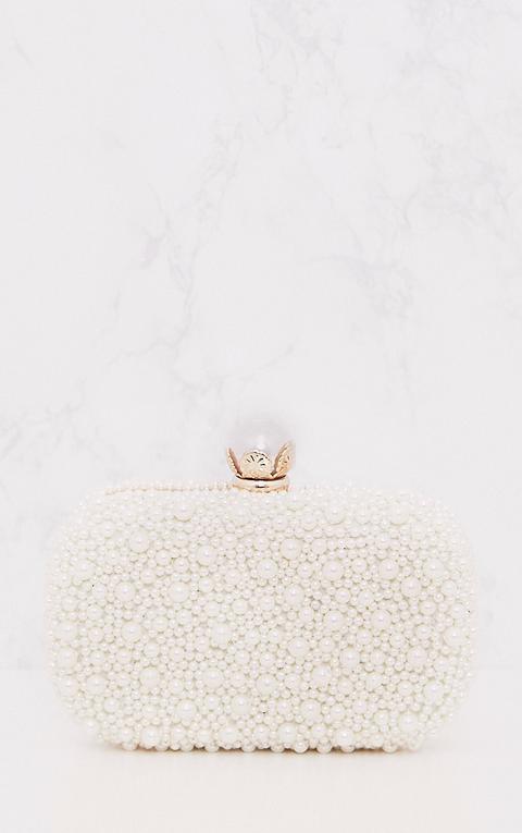 Cream Pearl Box Clutch, White