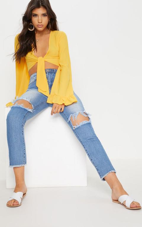 Mustard Tie Front Extreme Sleeve Crop Top