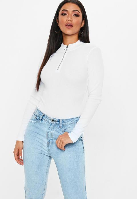 Zip Up High Neck Lslv Ribbed Bodysuit, White