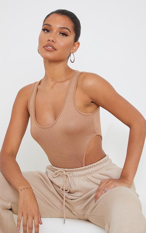 Camel Scoop Neck High Leg Bodysuit