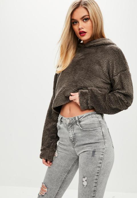 Grey Teddy Faux Fur Cropped Hoodie, Grey