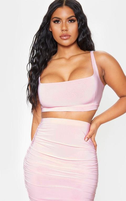 Baby Pink Second Skin Slinky Square Neck Crop Top, Pink