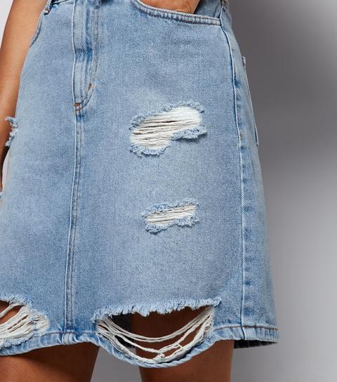 Petite Pale Blue Denim Ripped Fray Hem Mini Skirt