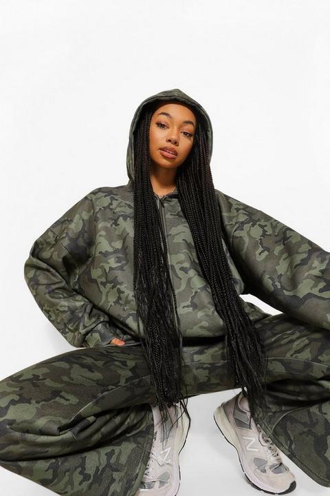 Womens Oversized Camo Slogan Zip Through Hoodie - Multi - 6, Multi