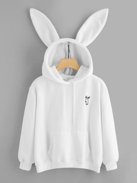 Sudadera Bordada Con Bolsillo De Canguro Con Capucha En Forma De Oreja De Canejo