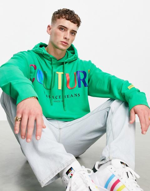 Sudadera Verde Extragrande Con Capucha Y Logo De Versace Jeans Couture