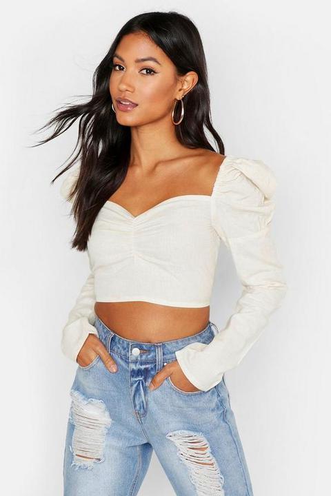 Crop Top Paysan En Lin - Blanc Cassé - 40, Blanc Cassé