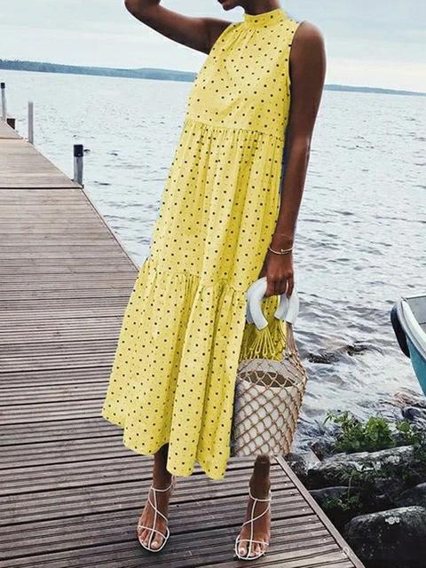 Maxi Vestito Polka Dot Beachwear Bohémien Plissé Giallo