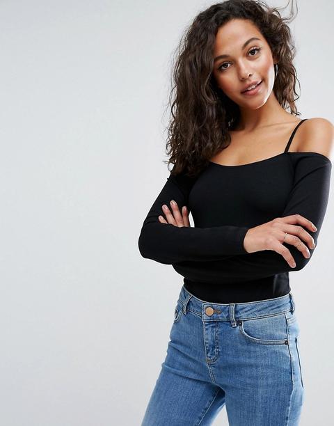 Asos - Body A Maniche Lunghe Con Spalle Scoperte E Spalline Sottili - Nero