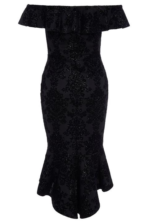 black glitter v bar bardot frill hem dress