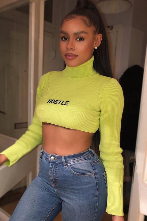Hustle Slogan Roll Neck Super Crop Knitted Jumper
