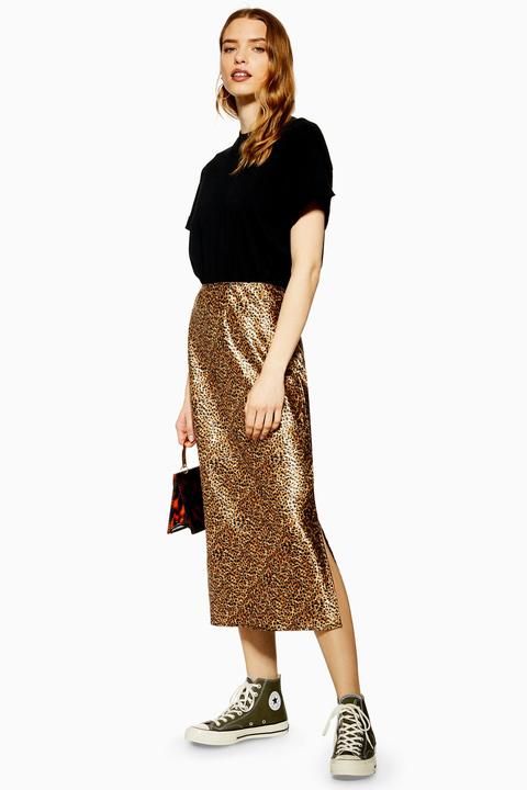 Womens Leopard Print Satin Bias Skirt - Tan, Tan