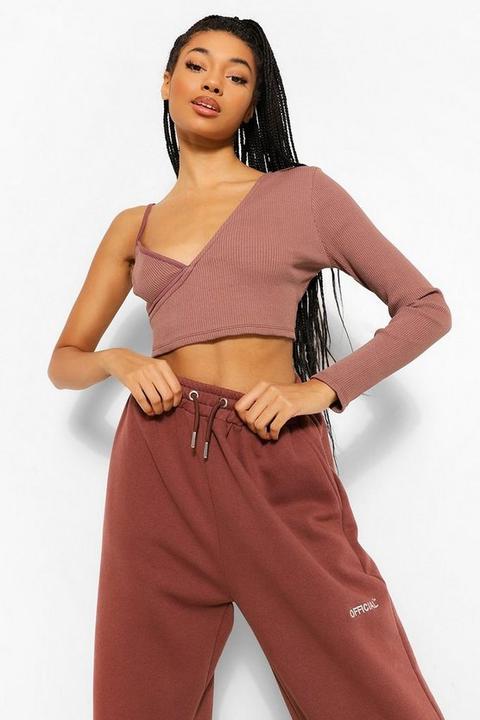 Womens Asymmetric Rib Crop Top - Brown - 14, Brown