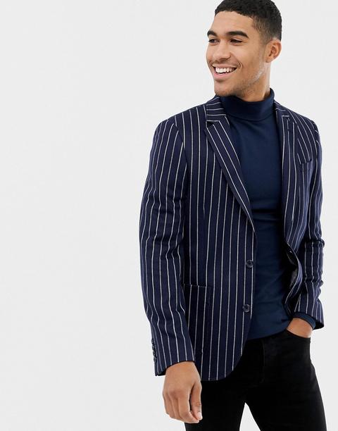 Asos Design - Blazer Skinny Blu Navy A Righe In Jersey - Navy