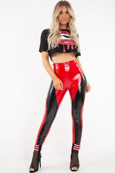 Red Black Colour Block Shiny Vinyl Leggings - Nelly from Rebellious Fashion  on 21 Buttons