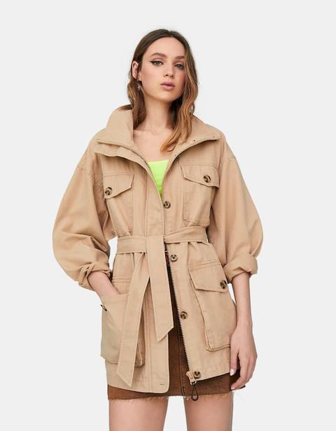 Parka Utility Con Cintura E Tasca Applicata Beige Melangiato