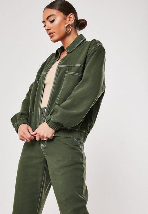 Green Co Ord Zip Through Contrast Stitch Denim Jacket, Green