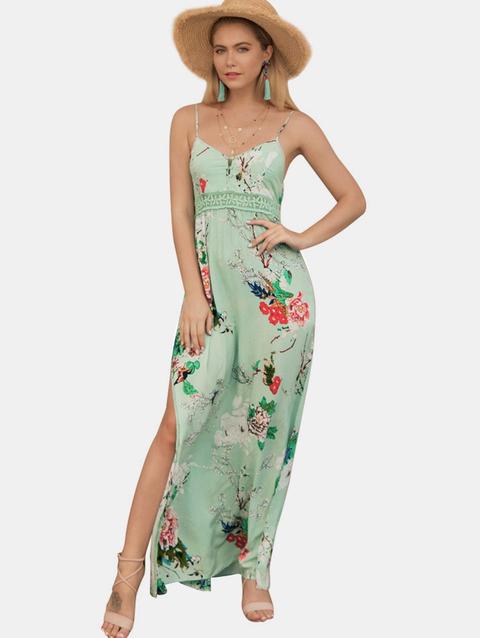 Abito Maxi Cami Con Pannello In Pizzo Floreale A Fessura Green