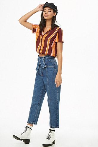 Forever 21 Striped Short-sleeve Shirt Burgundy/multi