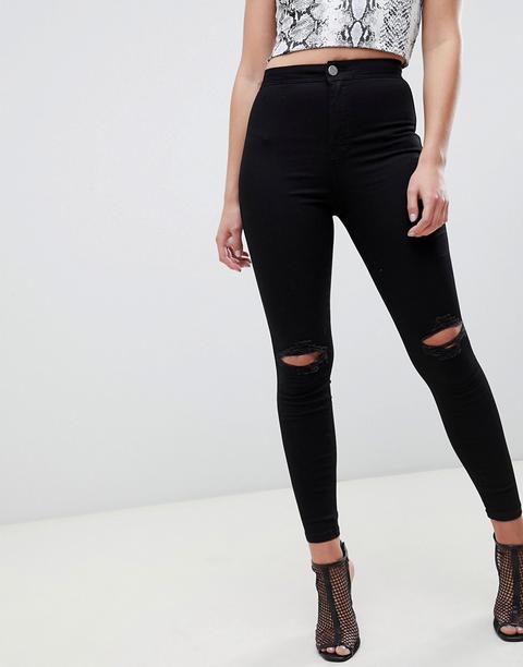 Asos Design -rivington - Jeggings A Vita Alta Con Strappi Sfrangiati Sulle Ginocchia Nero Pulito - Nero