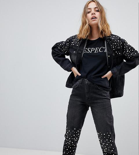 Chorus Petite - Giacca Di Jeans Oversize Decorata Con Perle - Nero