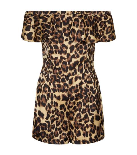 Cameo Rose Brown Leopard Print Bardot Playsuit New Look