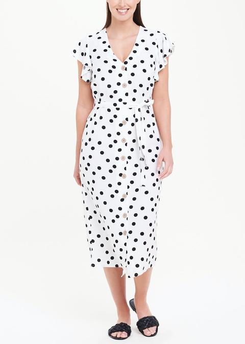 Cream Spotty Belted Linen Midi Dress