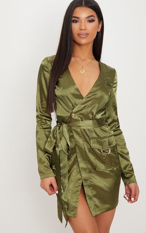 Olive Satin Utility Long Sleeve Bodycon Dress