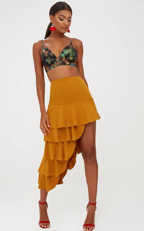 Mustard Tiered Split Maxi Skirt, Yellow