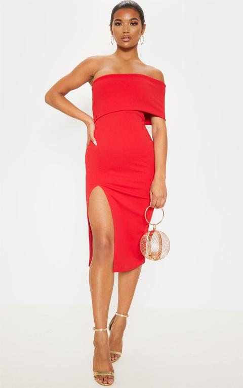 Red One Shoulder Bardot Midi Dress, Red