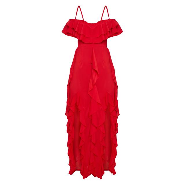 red cold shoulder ruffle detail maxi dress