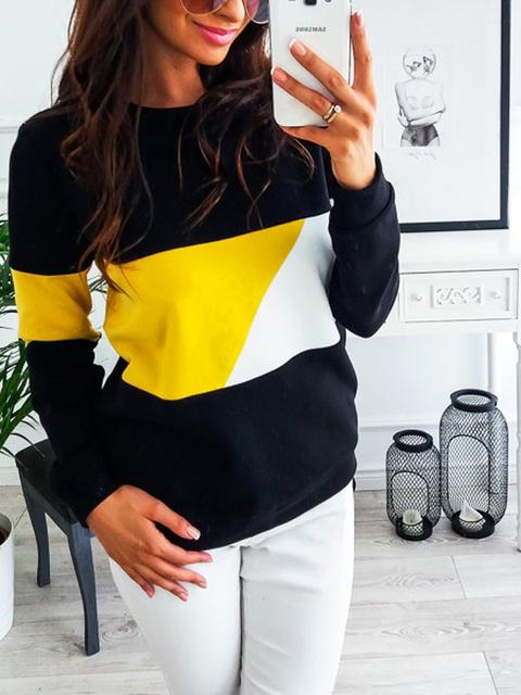 Black Patchwork Color Block Print Round Neck Long Sleeve Casual Pullover Sweatshirt