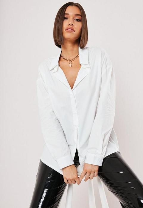 White Cotton Poplin Longline Oversized Shirt, White