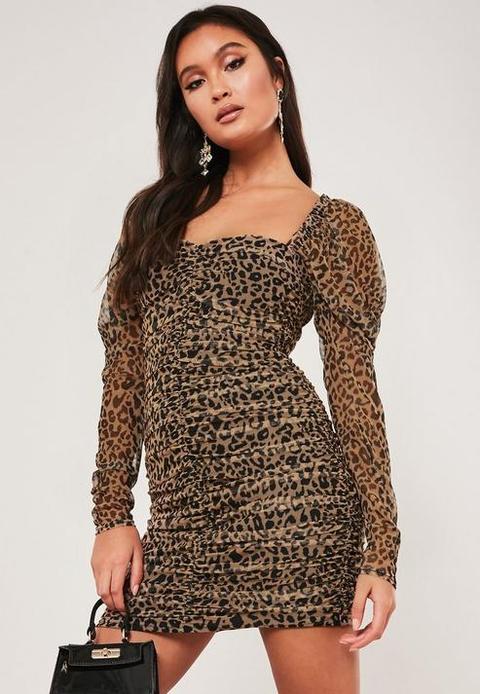 Tan Leopard Print Mesh Ruched Mini Dress, Tan