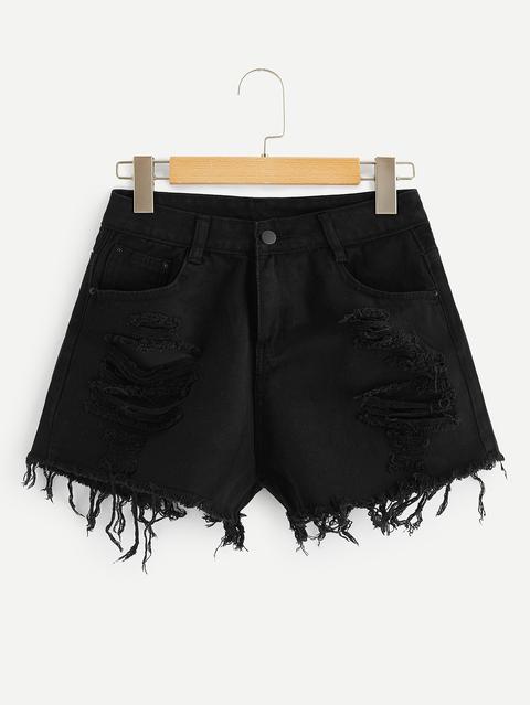 Shorts In Denim Strappati Con Orlo Grezzo