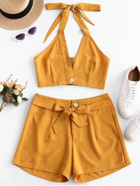 Zaful Smocked Halter Top Y Pantalones Cortos Con Cinturón Conjunto Bee Yellow