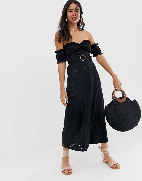 Vestido Veraniego Largo De Escote Bardot Con Detalles Bordados Y Cinturón De Efecto Carey De Asos Design-negro