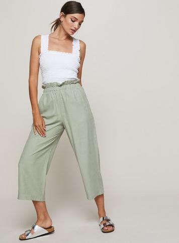 Womens Khaki Cropped Paper Bag Trousers, Khaki