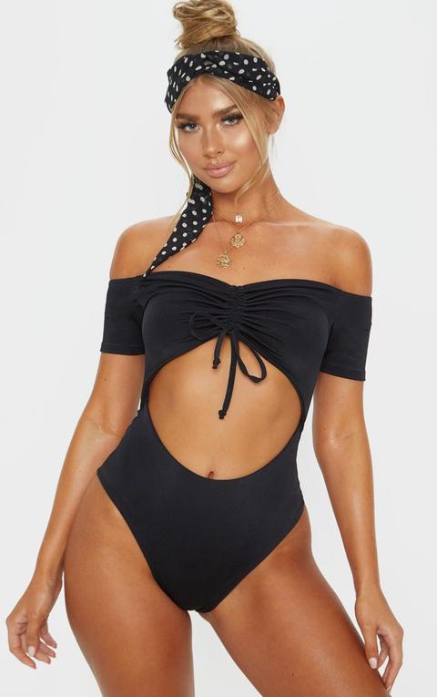 Black Bardot Ruched Front Swimsuit