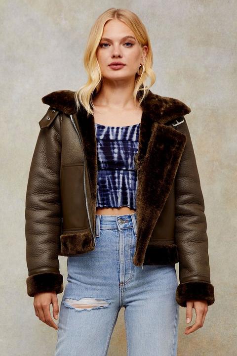 Olive Faux Shearling Biker Jacket